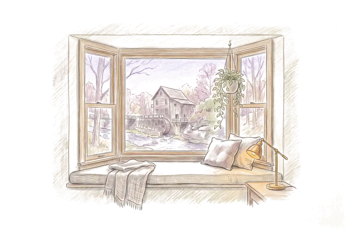 Colored-pencil drawing of a bay window at evening looking out on an old wooden mill by a stream