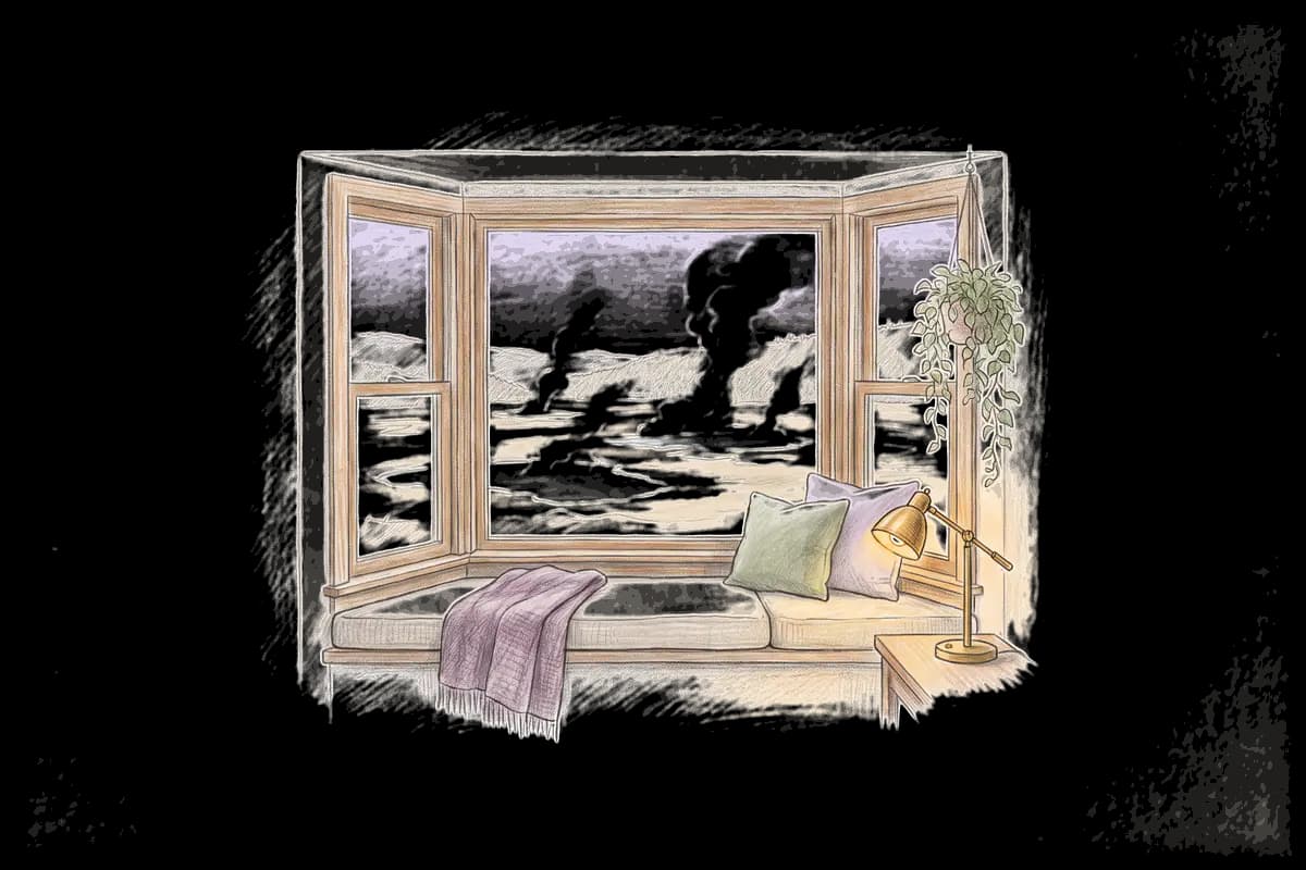 Colored-pencil drawing of a bay window at evening looking out on steam rising from a geyser basin