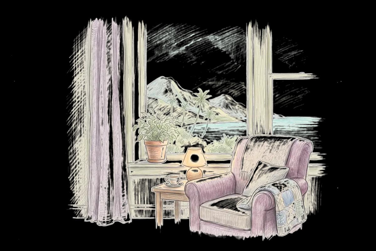 Colored-pencil drawing of a quiet room by a window looking out on green ridges and a calm sea