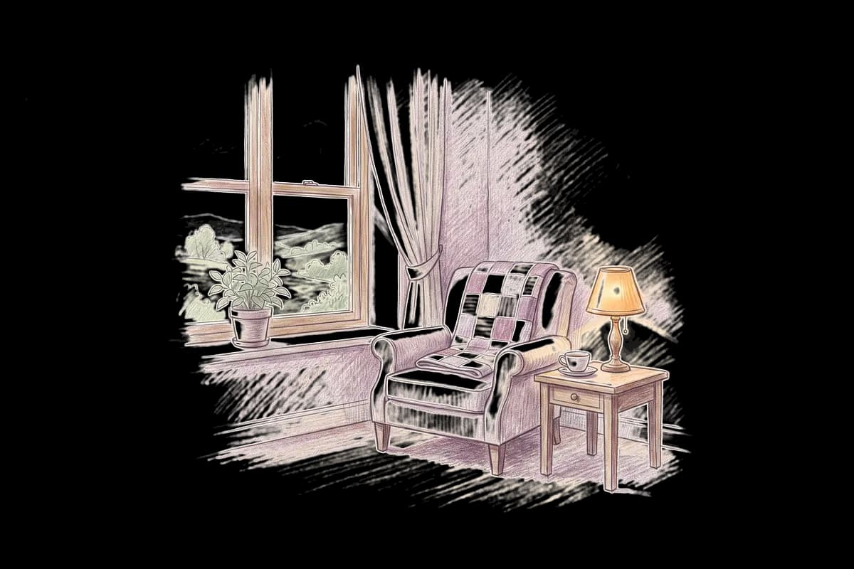Colored-pencil drawing of a quiet sitting room with an armchair, a quilt and a lamp by a sunny window