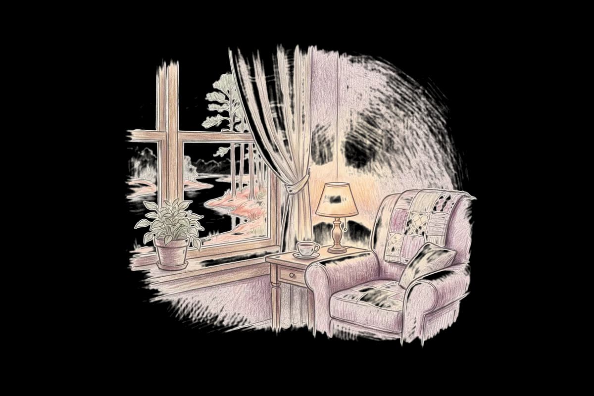 Colored-pencil drawing of a quiet room by a window looking out on a slow river with longleaf pines