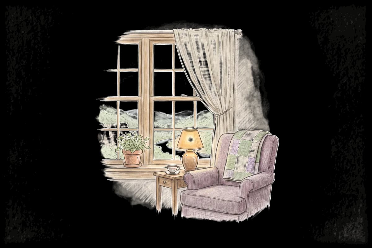 Colored-pencil drawing of a quiet room by a window looking out on forested hills and a river below a bluff