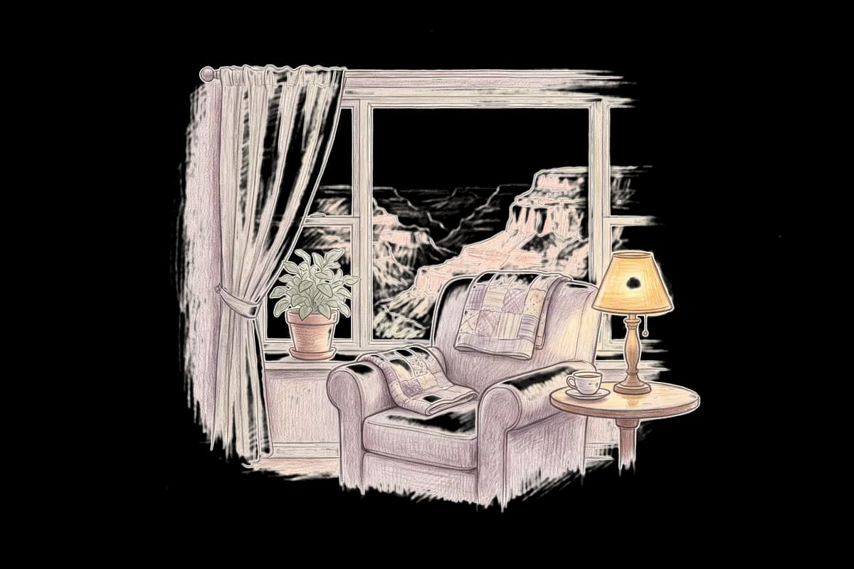Colored-pencil drawing of a quiet room by a window looking out on the layered cliffs of a great canyon