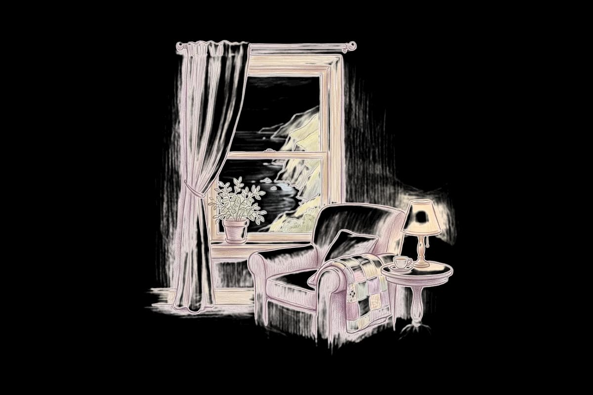 Colored-pencil drawing of a quiet room by a window looking out on coastal cliffs above a calm ocean