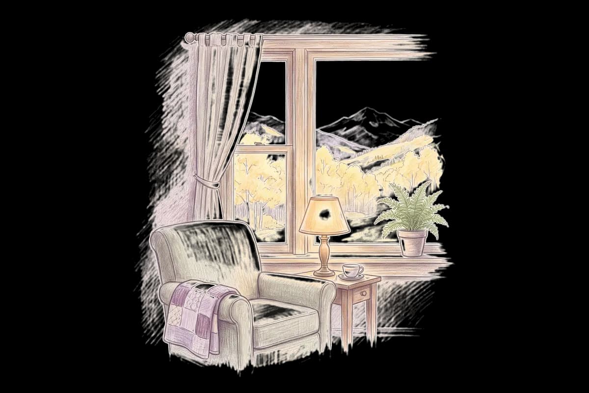 Colored-pencil drawing of a quiet room by a window looking out on golden aspens and a snowy peak