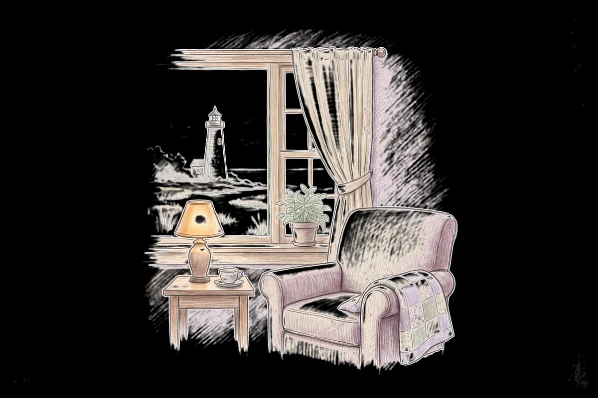 Colored-pencil drawing of a quiet room by a window looking out on a stone lighthouse and a salt marsh