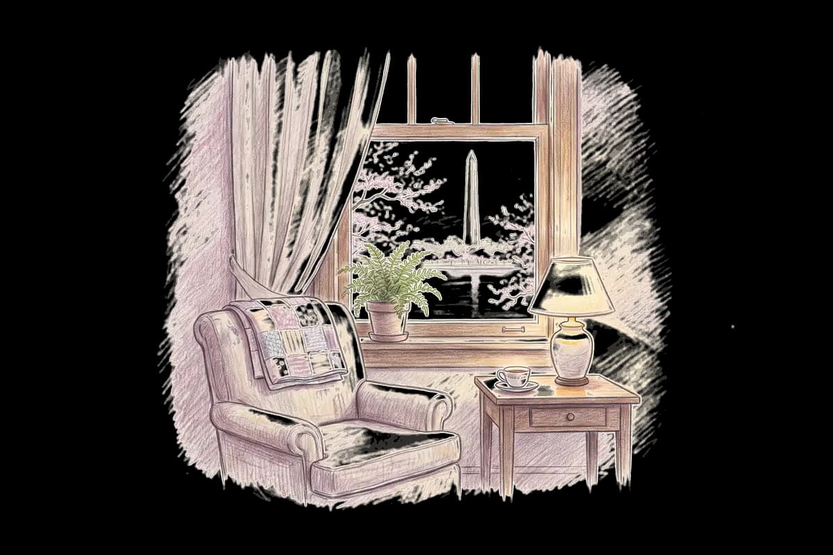 Colored-pencil drawing of a quiet room by a window looking out on a tall stone monument and cherry trees in blossom
