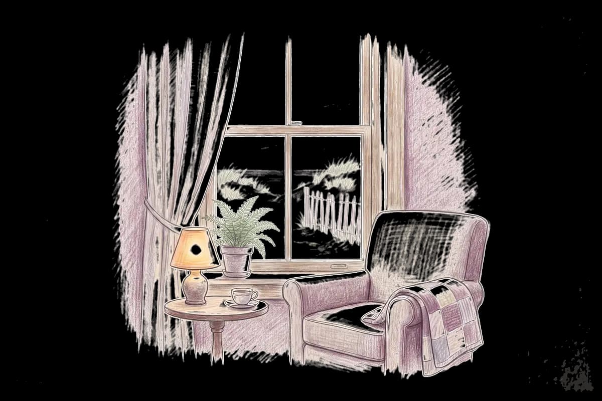 Colored-pencil drawing of a quiet room by a window looking out on beach dunes with sea grass