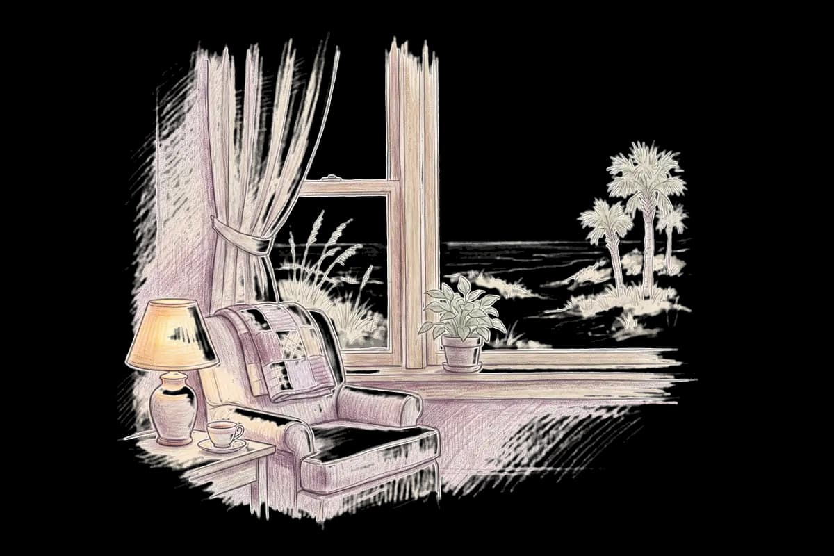 Colored-pencil drawing of a quiet room by a window looking out on a calm beach with sea oats and palms