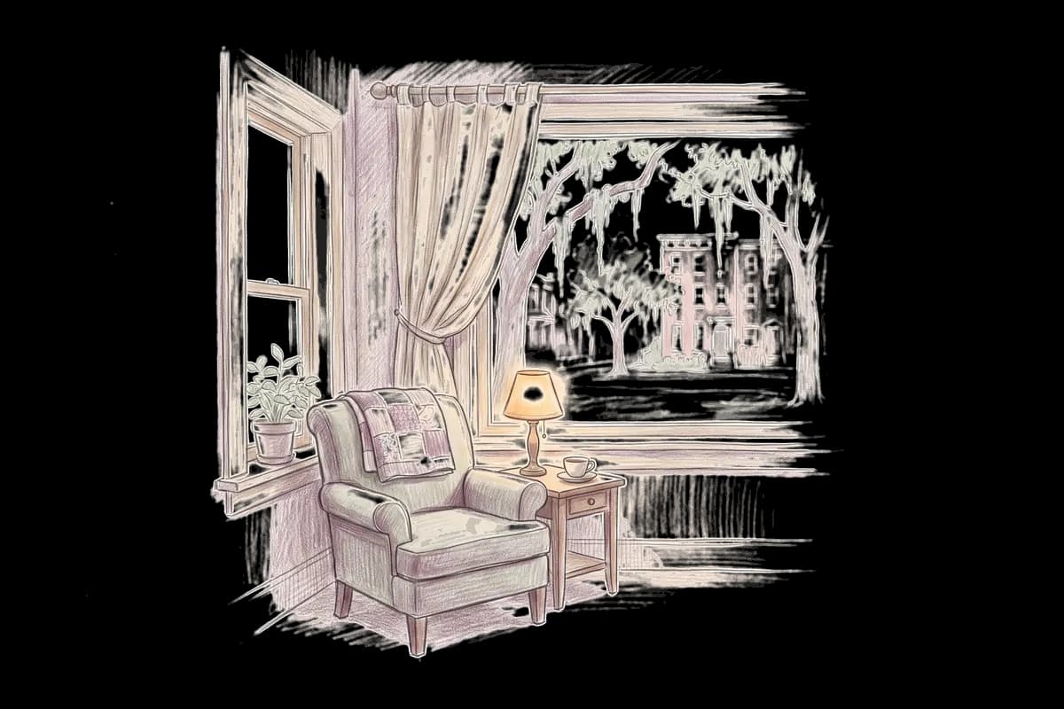 Colored-pencil drawing of a quiet room by a window looking out on live oaks with Spanish moss and brick townhouses