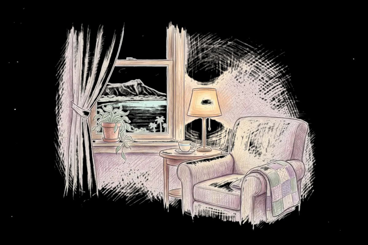 Colored-pencil drawing of a quiet room by a window looking out on a volcanic crater above a calm sea