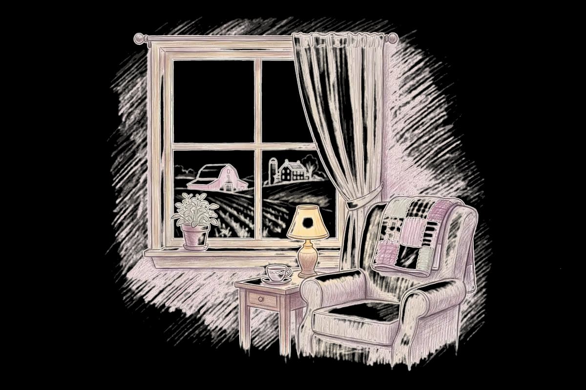 Colored-pencil drawing of a quiet room by a window looking out on rolling cornfields and a red barn