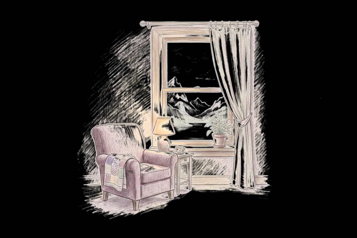 Colored-pencil drawing of a quiet room by a window looking out on jagged peaks above an alpine lake
