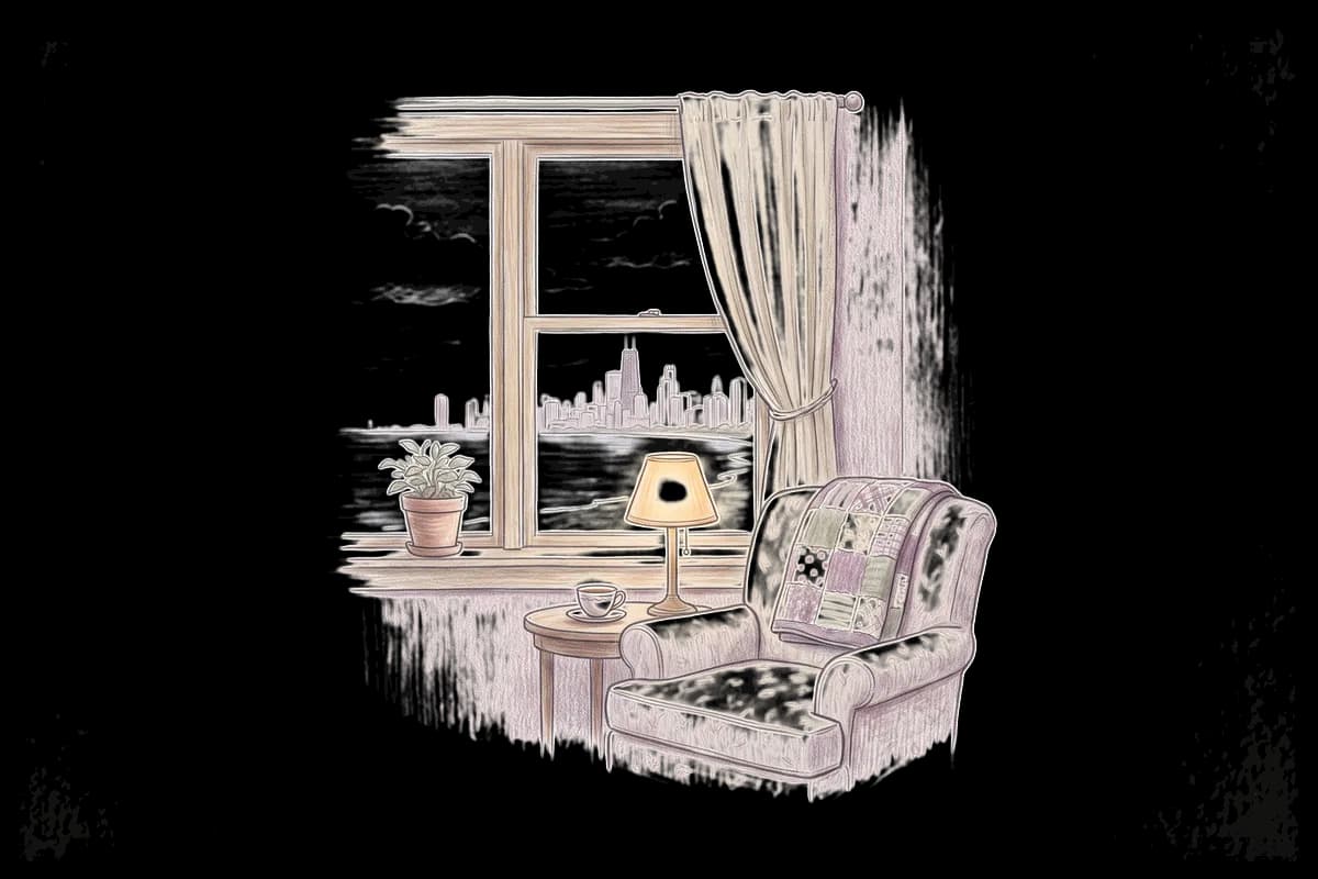 Colored-pencil drawing of a quiet room by a window looking out on a city skyline across a calm lake