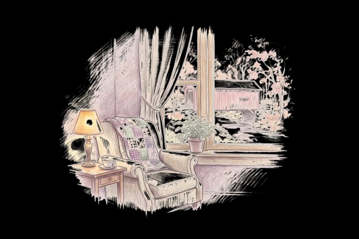 Colored-pencil drawing of a quiet room by a window looking out on a covered bridge over a creek