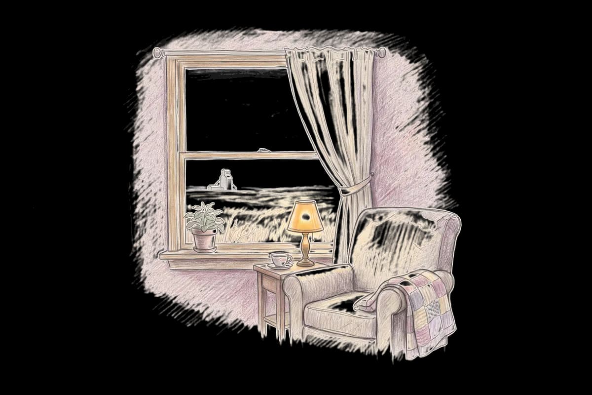 Colored-pencil drawing of a quiet room by a window looking out on wheat fields and a distant grain elevator