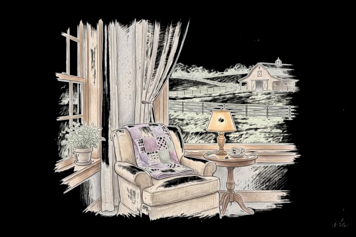 Colored-pencil drawing of a quiet room by a window looking out on rolling pastures with plank fences