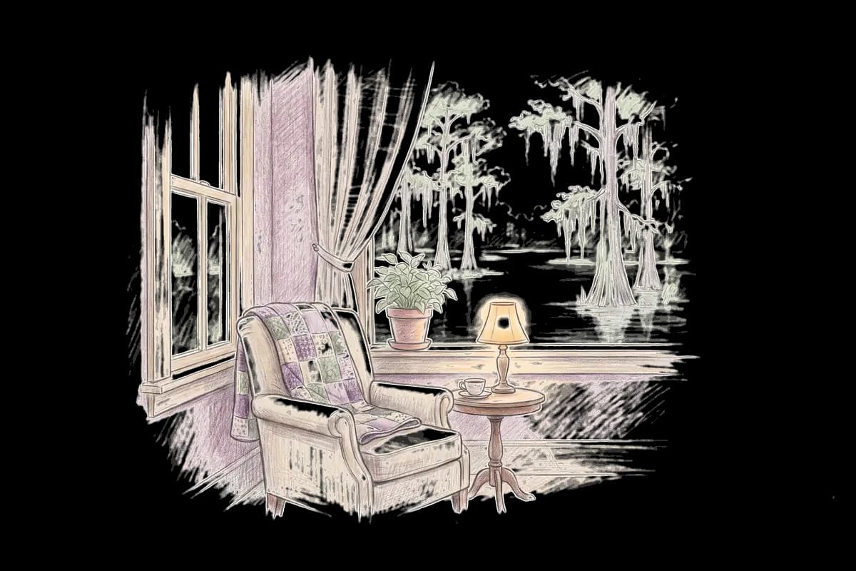 Colored-pencil drawing of a quiet room by a window looking out on a still bayou with cypress trees