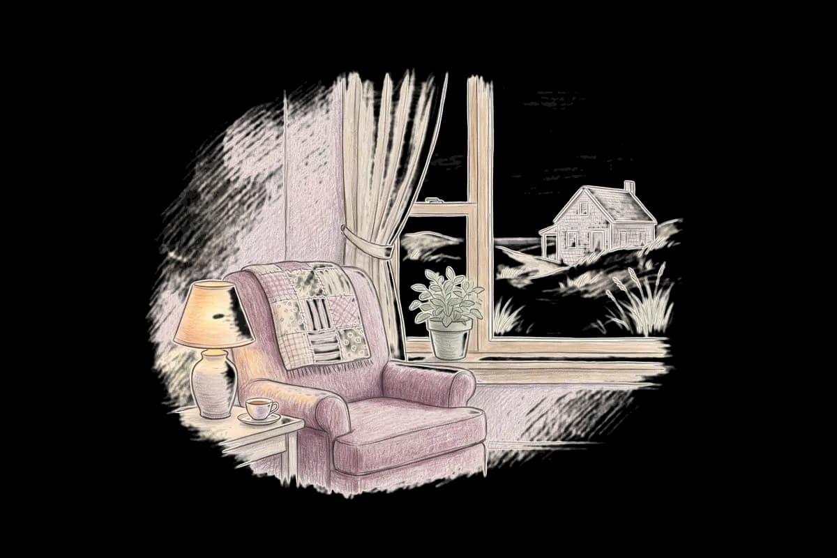 Colored-pencil drawing of a quiet room by a window looking out on dunes and a shingled cottage