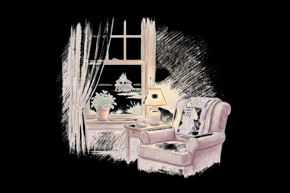 Colored-pencil drawing of a quiet room by a window looking out on a small lighthouse on the bay