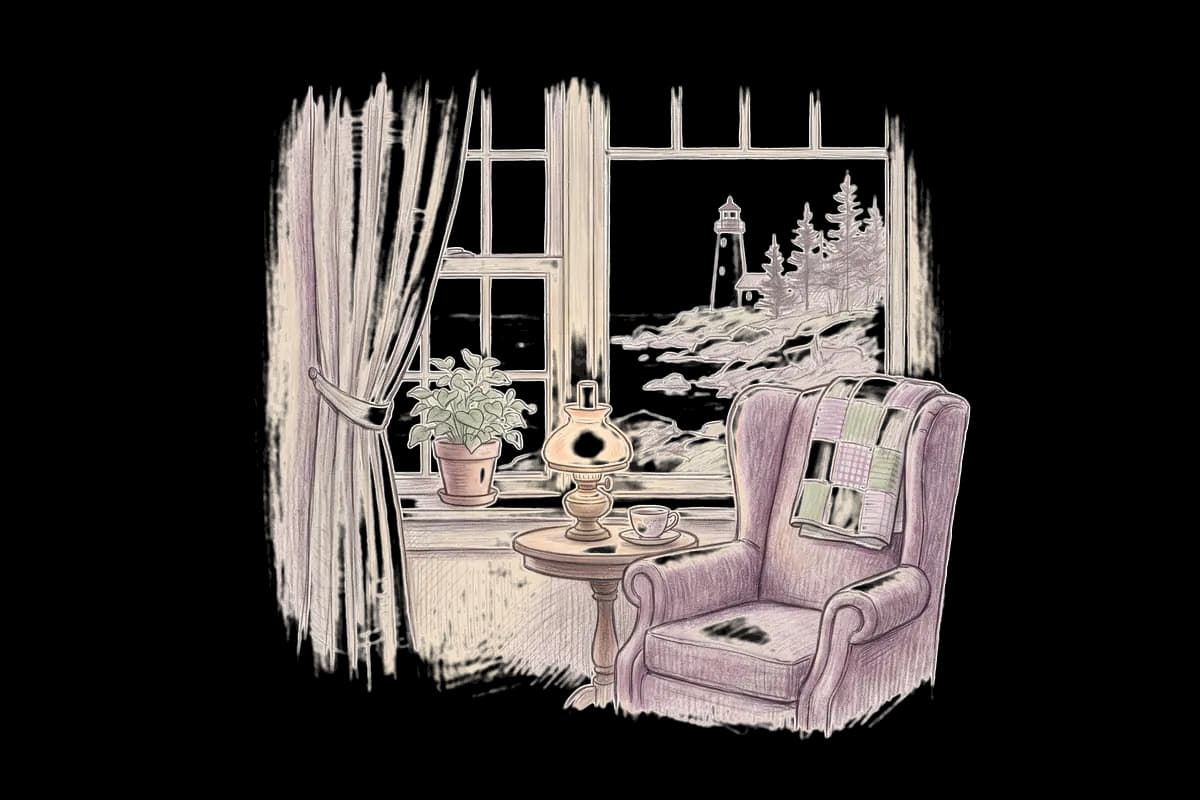 Colored-pencil drawing of a quiet room by a window looking out on a rocky coast with a white lighthouse