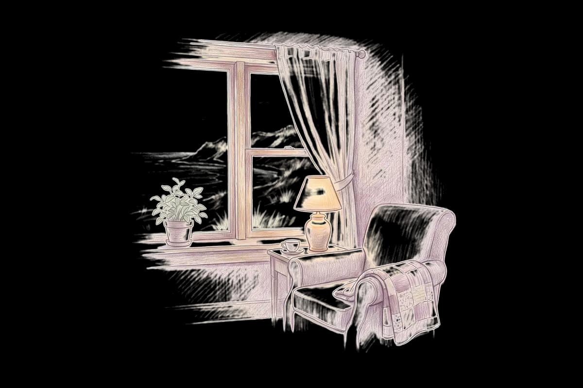 Colored-pencil drawing of a quiet room by a window looking out on tall sand dunes by a great lake