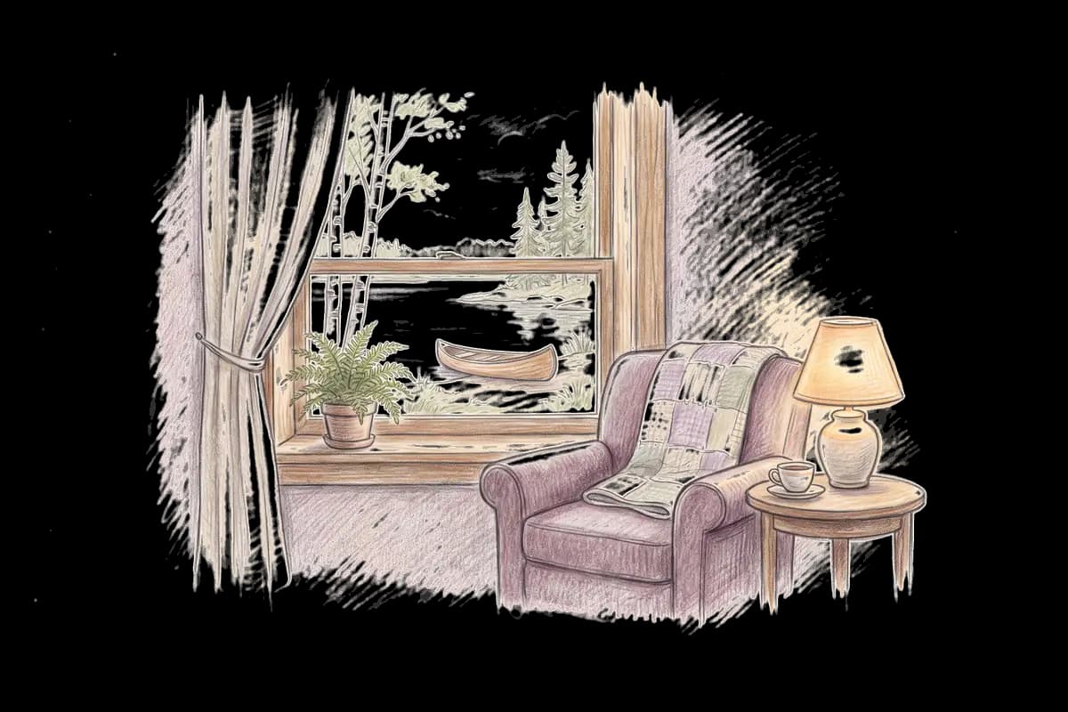 Colored-pencil drawing of a quiet room by a window looking out on a northern lake with birches and a canoe