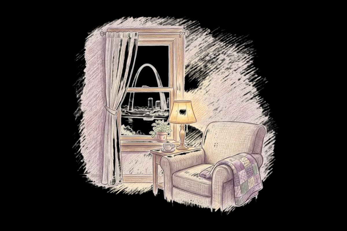 Colored-pencil drawing of a quiet room by a window looking out on a tall steel arch beside a river