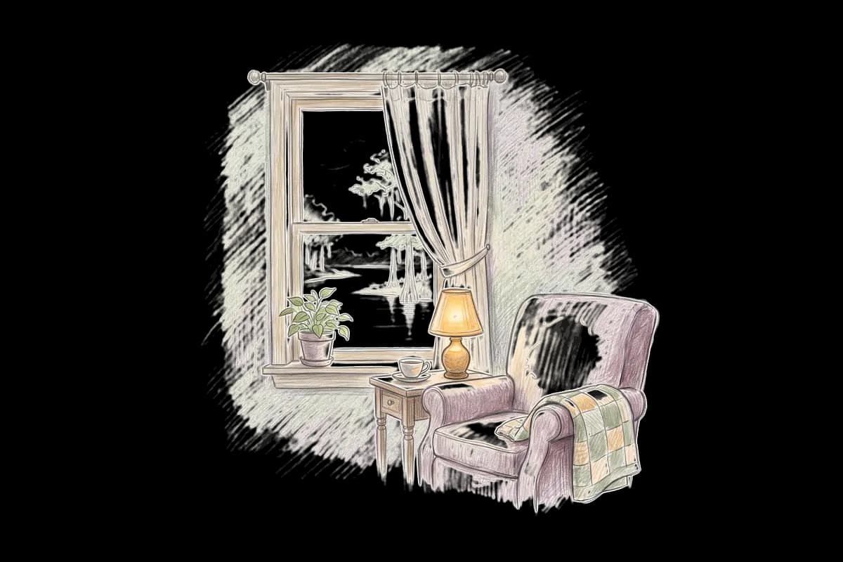 Colored-pencil drawing of a quiet room by a window looking out on a wide, slow river with cypress trees