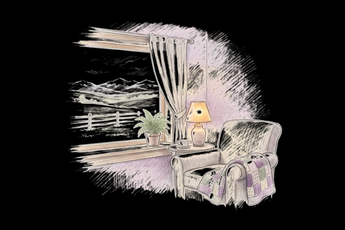 Colored-pencil drawing of a quiet room by a window looking out on a wide valley and distant snowy peaks