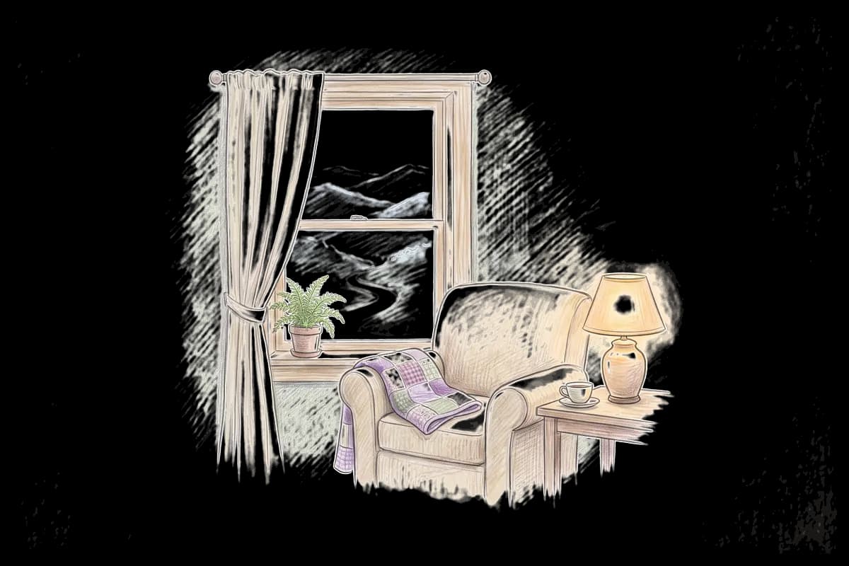Colored-pencil drawing of a quiet room by a window looking out on blue ridges layered in haze