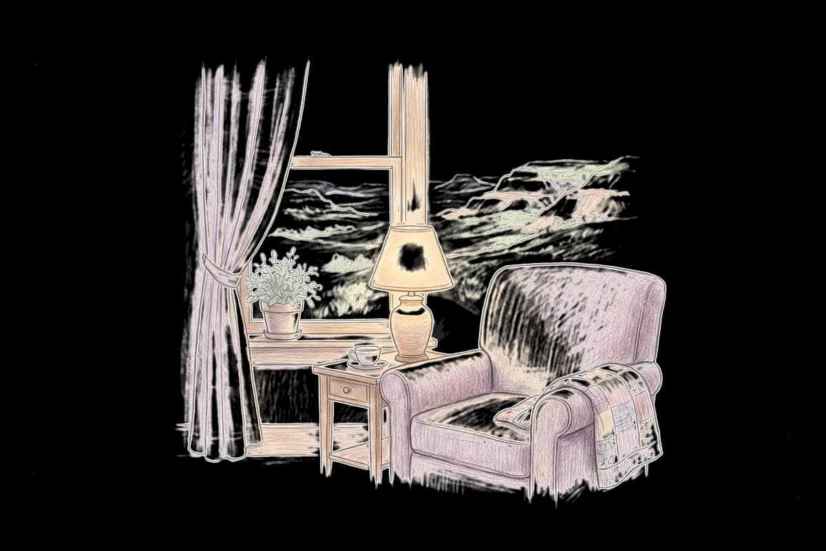 Colored-pencil drawing of a quiet room by a window looking out on grassy buttes and badlands