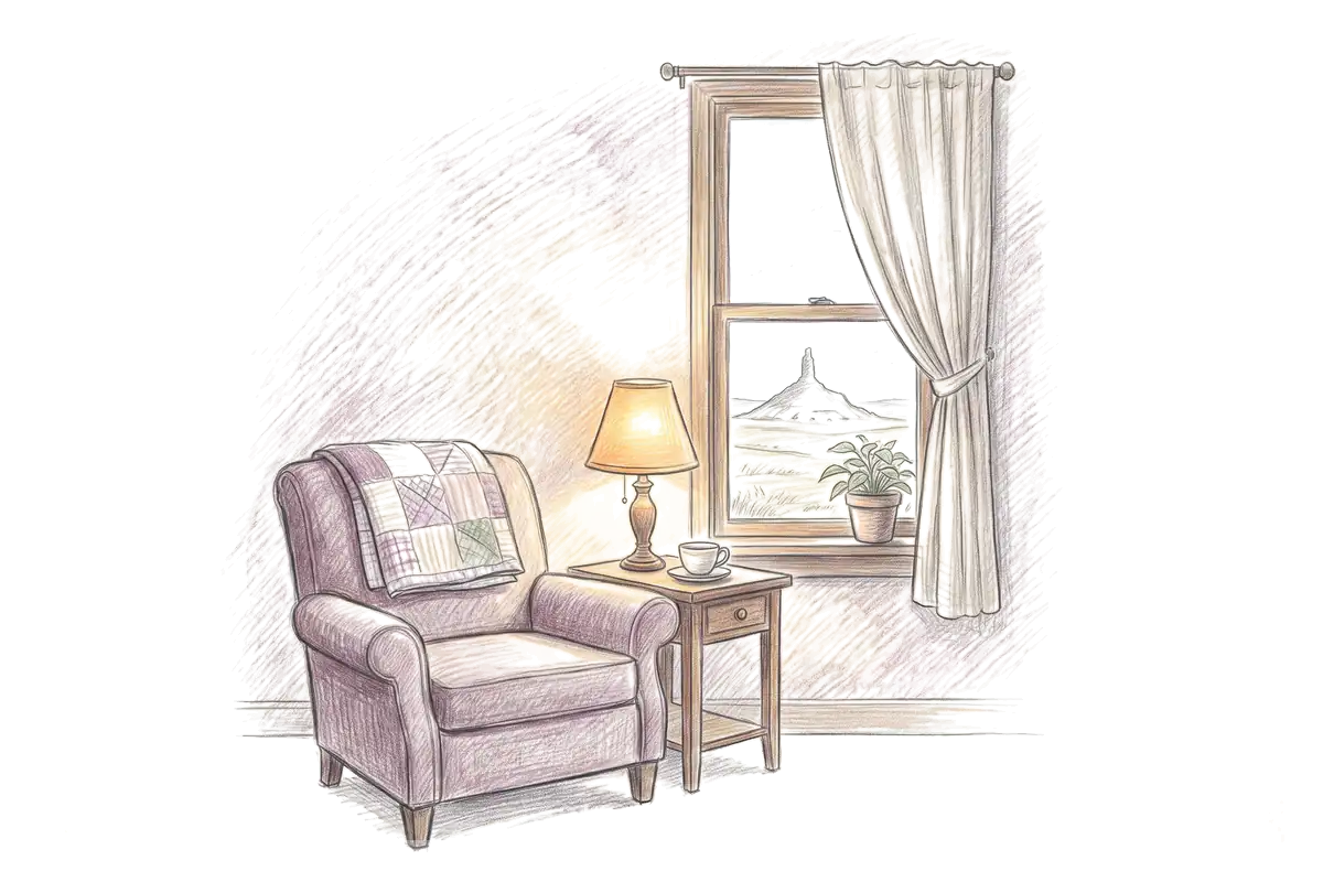 Colored-pencil drawing of a quiet room by a window looking out on a lone rock spire rising from the prairie