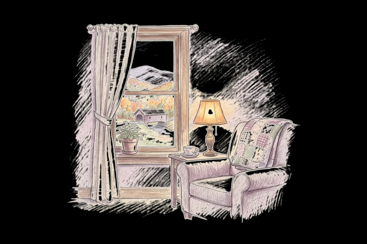 Colored-pencil drawing of a quiet room by a window looking out on autumn mountains and a covered bridge