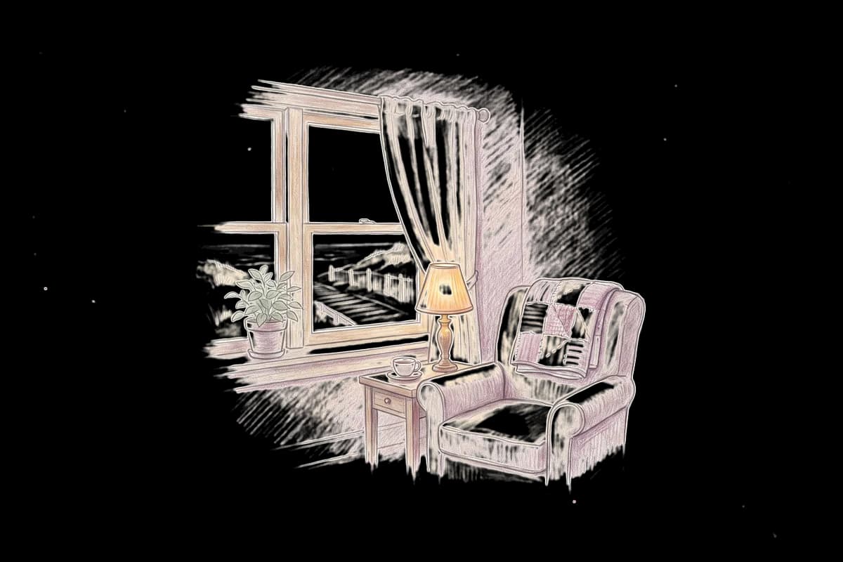 Colored-pencil drawing of a quiet room by a window looking out on a beach with a wooden boardwalk
