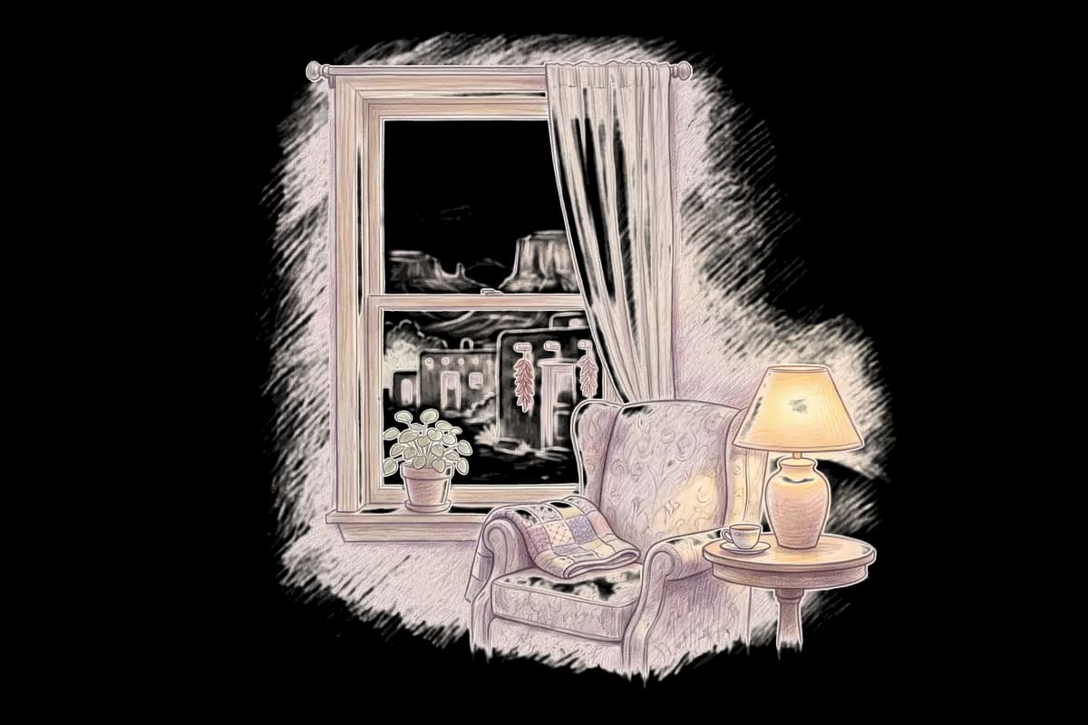 Colored-pencil drawing of a quiet room by a window looking out on adobe houses and desert mesas