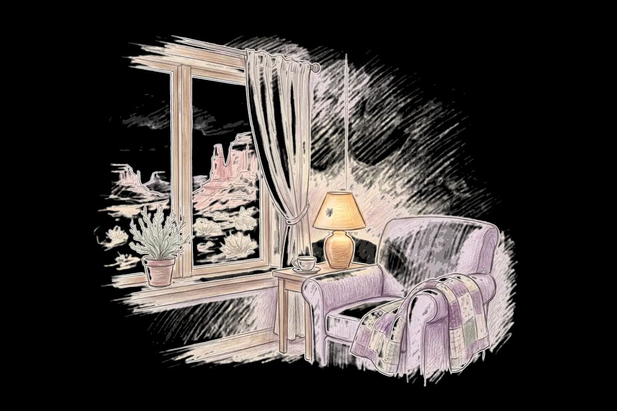 Colored-pencil drawing of a quiet room by a window looking out on red sandstone and sagebrush