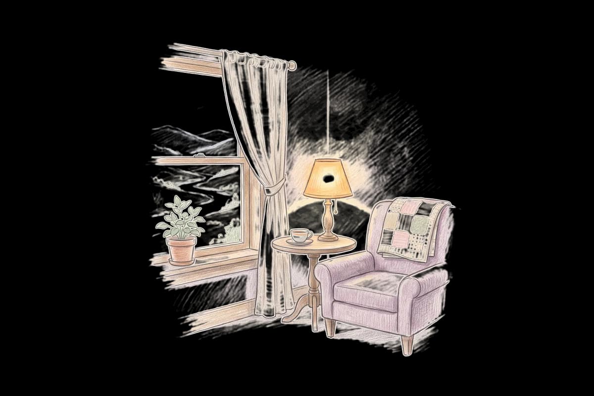 Colored-pencil drawing of a quiet room by a window looking out on a river valley and soft blue mountains