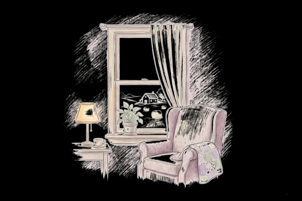 Colored-pencil drawing of a quiet room by a window looking out on rolling farmland and hay bales