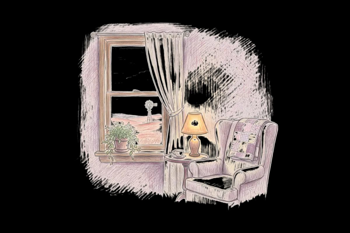 Colored-pencil drawing of a quiet room by a window looking out on red-earth plains and a windmill