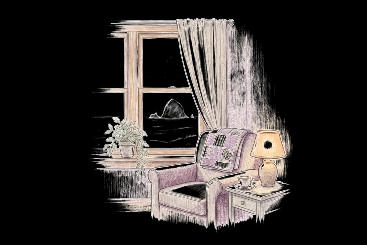 Colored-pencil drawing of a quiet room by a window looking out on a great sea stack off a calm coast