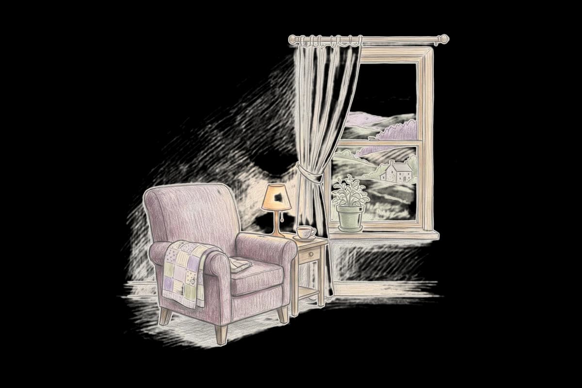 Colored-pencil drawing of a quiet room by a window looking out on farm fields and a stone farmhouse