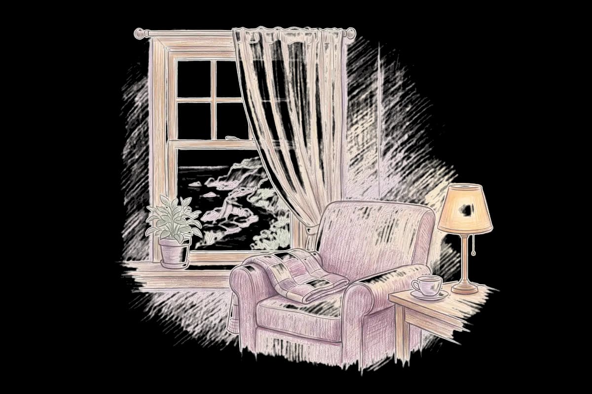 Colored-pencil drawing of a quiet room by a window looking out on a cliff path above a rocky shore