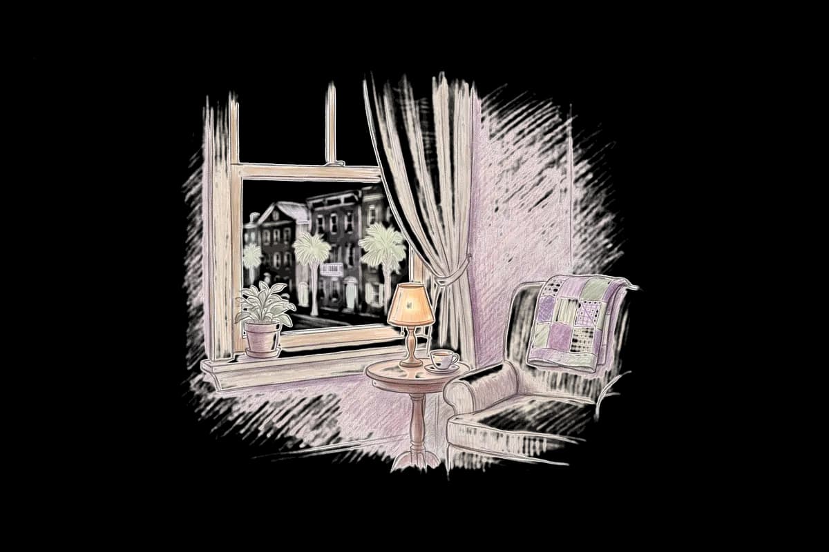 Colored-pencil drawing of a quiet room by a window looking out on pastel row houses and palmetto trees