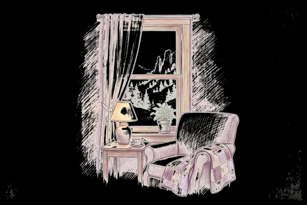 Colored-pencil drawing of a quiet room by a window looking out on pine-covered granite spires