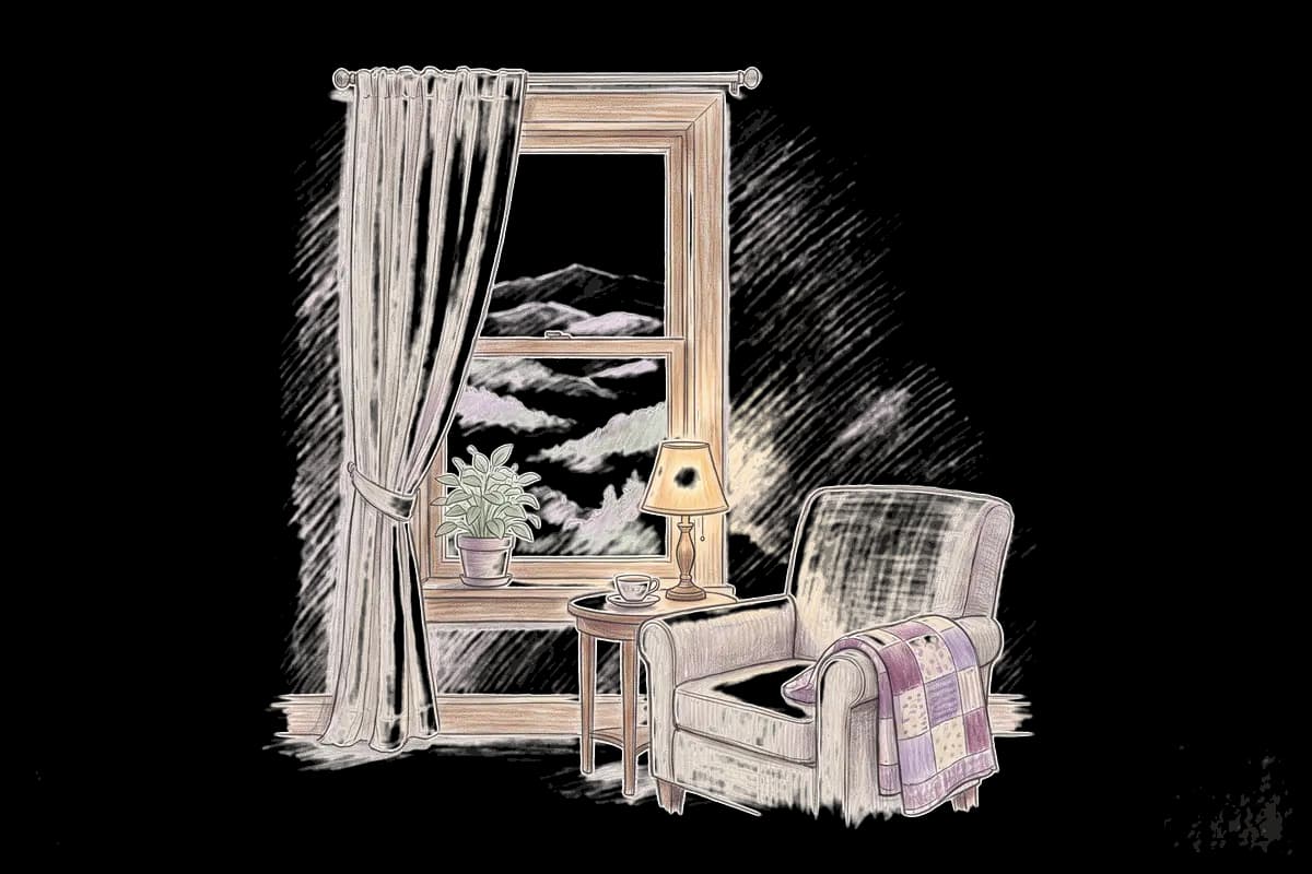 Colored-pencil drawing of a quiet room by a window looking out on misty mountain valleys