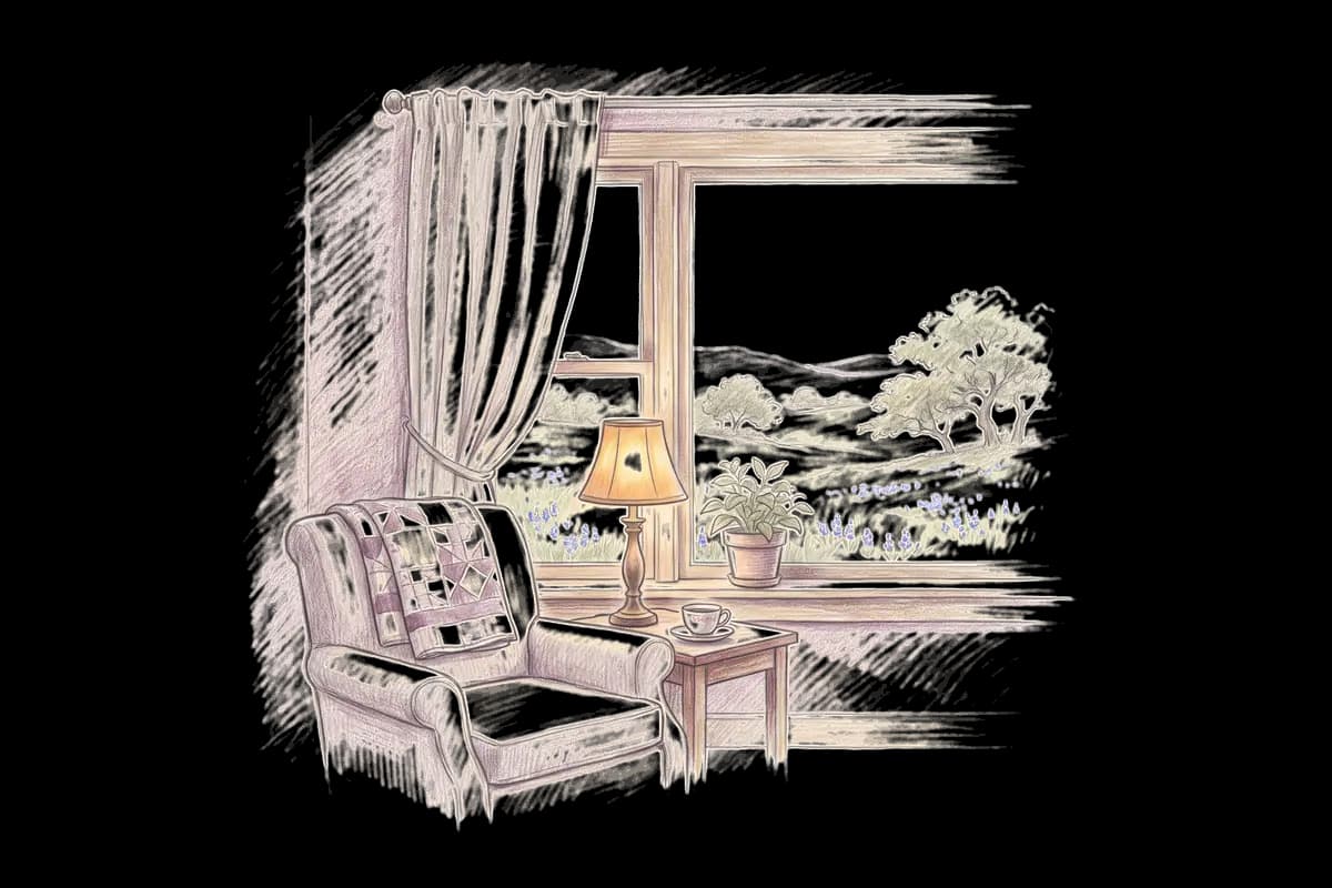 Colored-pencil drawing of a quiet room by a window looking out on hill country with bluebonnets