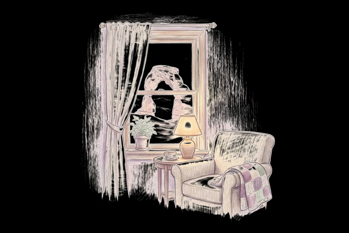 Colored-pencil drawing of a quiet room by a window looking out on a red rock arch