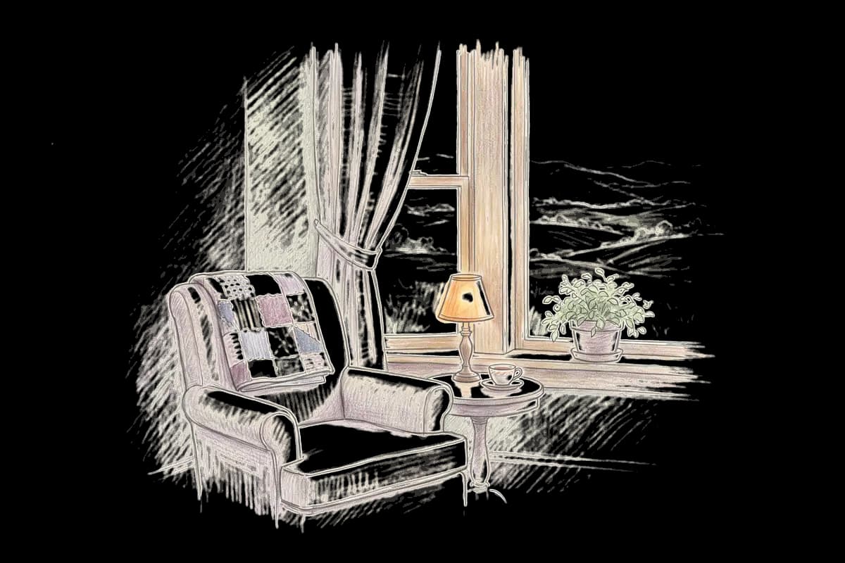 Colored-pencil drawing of a quiet room by a window looking out on valley farm fields and blue ridges