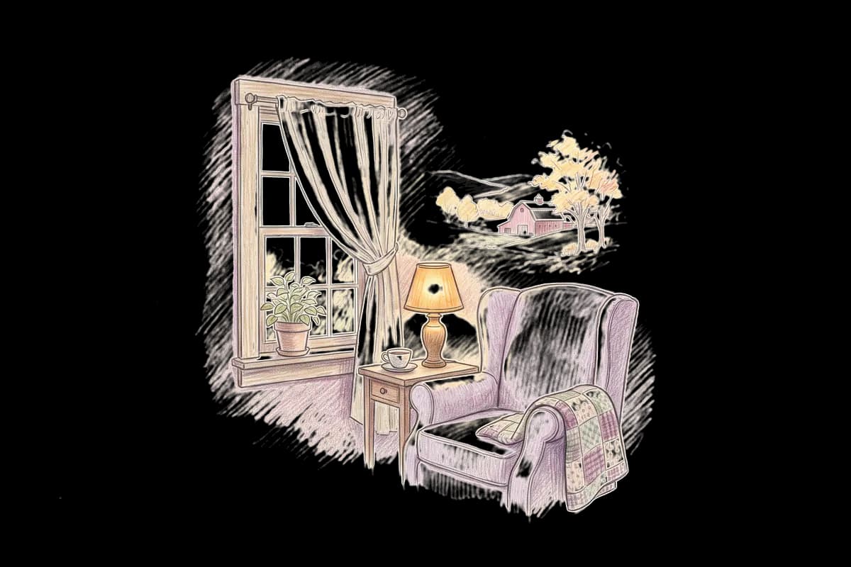 Colored-pencil drawing of a quiet room by a window looking out on a red barn and autumn maples